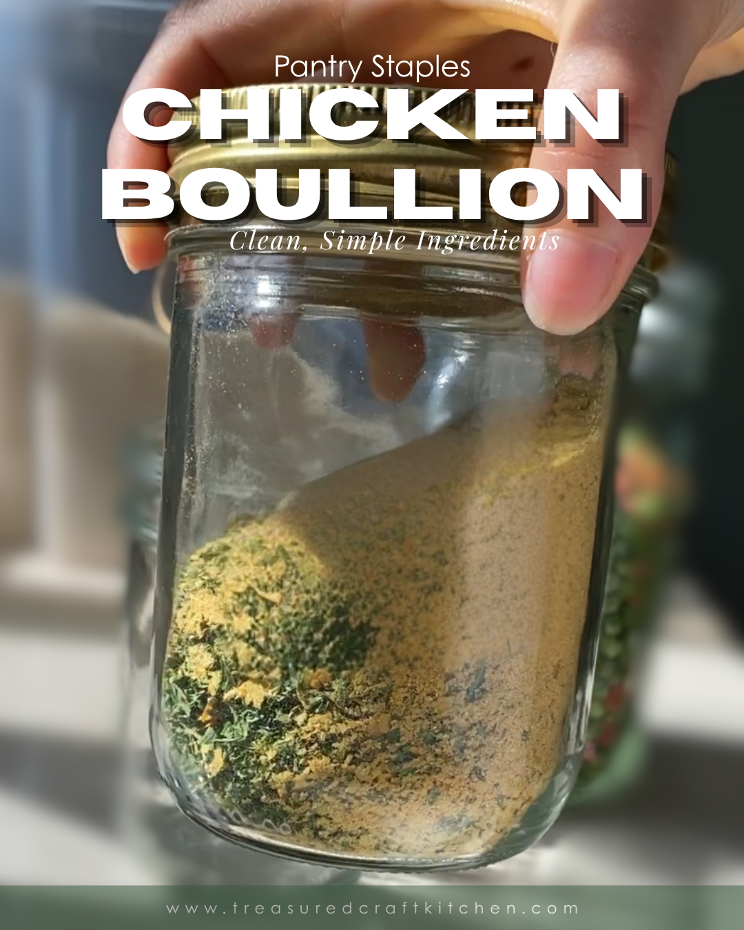 Shelf stable homemade chicken flavored bouillon made with simple ingredients including nutritional yeast, no added fillers or preservatives